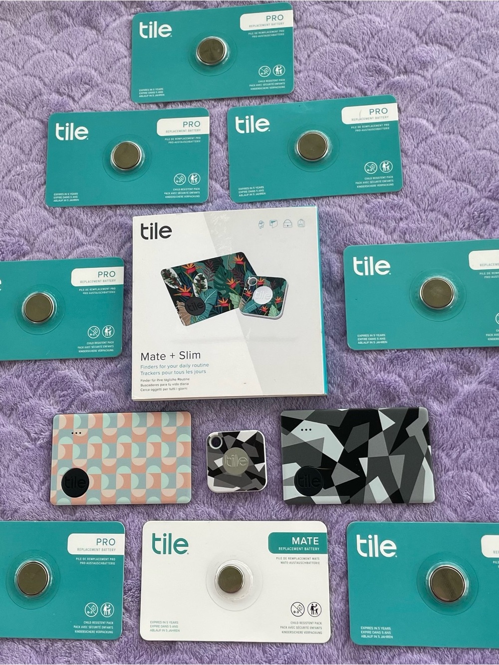 Tile Mate(x2) + Slim Tracker(x3) Lot plus (8ct.) add’l Batteries